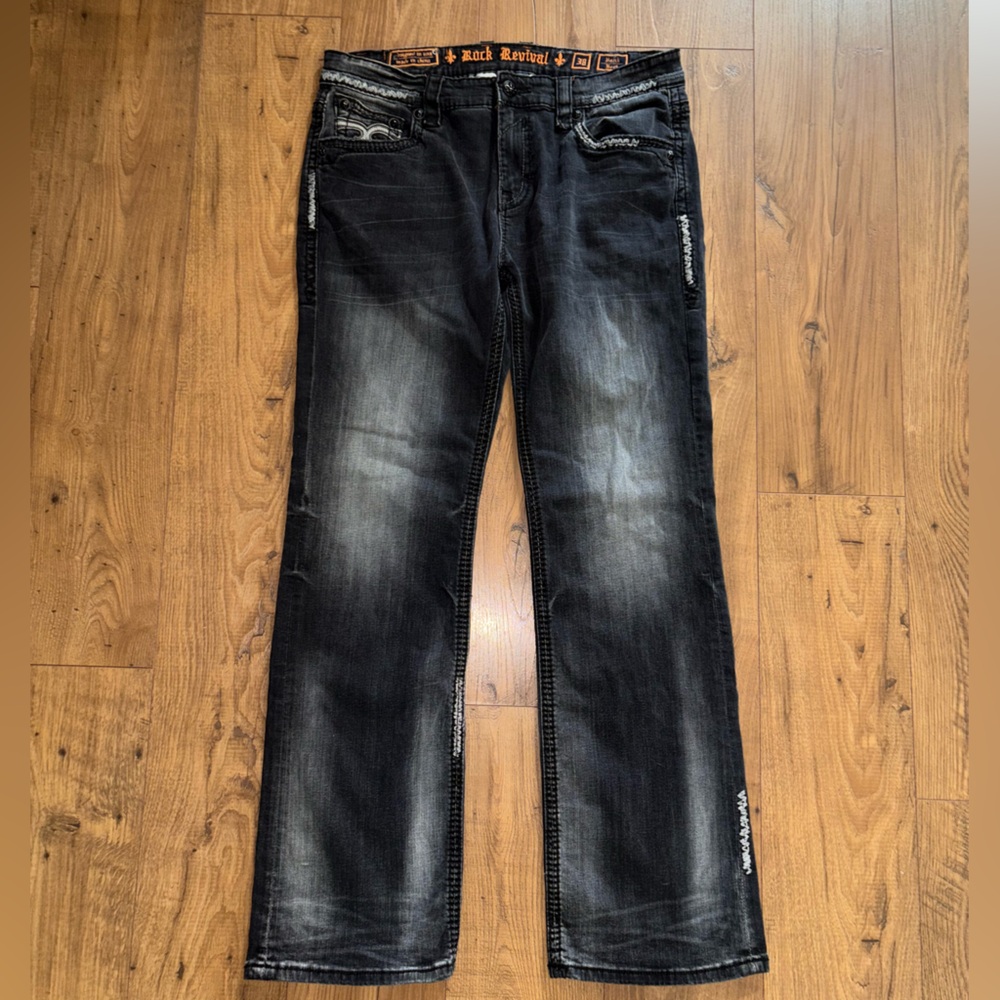 Rock Revival Men Jeans Slim Black with Faded Gray Wash